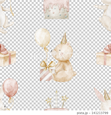 Birthday pattern watercolor illustration with cute animals, balloons, cake and gift boxes. Seamless background with bear and hare in pastel colors for party festive design or baby wrapping paper Birthday pattern watercolor illustration with cute animals, balloons, cake and gift boxes. Seamless background with bear and hare in pastel colors for party festive design or baby wrapping paper 141213799
