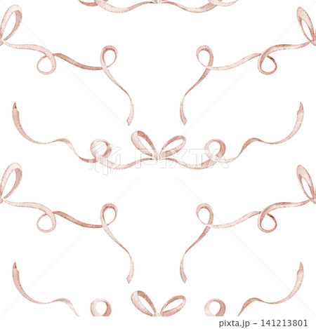 Seamless watercolor pattern with pink ribbons. Illustration of seamless background for baby festive decor. Backdrop with pink bows for childish party textile Seamless watercolor pattern with pink ribbons. Illustration of seamless background for baby festive decor. Backdrop with pink bows for childish party textile 141213801