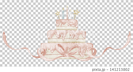 Cake watercolor illustration with ribbon and candles on isolated background in pastel colors. Dessert for childish Birthday invitations or baby greeting cards. Art for festive decoration 141213802