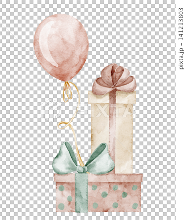Gift watercolor illustration with present boxes and balloon on isolated background in pastel colors for baby Birthday celebration design or childish party greeting cards. Art for kids invitations 141213803