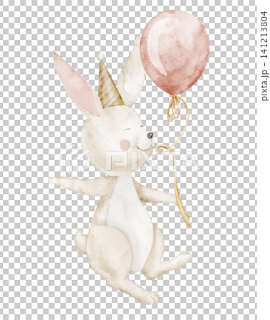 Hare watercolor illustration holding balloon on isolated background. Art of Bunny for childish Birthday greeting cards or baby party invitations. Animal character for celebration design Hare watercolor illustration holding balloon on isolated background. Art of Bunny for childish Birthday greeting cards or baby party invitations. Animal character for celebration design 141213804