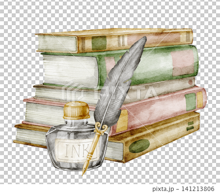 Books watercolor illustration with ink bottle and feather pen. Vintage writing composition on isolated background. Decorative element for design, literature, study theme. Books watercolor illustration with ink bottle and feather pen. Vintage writing composition on isolated background. Decorative element for design, literature, study theme. 141213806