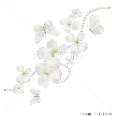 Hydrangea floral watercolor illustration with white pastel Flowers, delicate butterflies and pearl beads. Clipart with blossoms on isolated background. Botanical element for wedding invitations. Hydrangea floral watercolor illustration with white pastel Flowers, delicate butterflies and pearl beads. Clipart with blossoms on isolated background. Botanical element for wedding invitations. 141213818