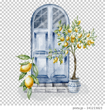 Door with Lemon tree watercolor illustration. Art of blue Mediterranean entrance with citrus branches on isolated background. Architectural scene for travel, decor, cards and summer design. Door with Lemon tree watercolor illustration. Art of blue Mediterranean entrance with citrus branches on isolated background. Architectural scene for travel, decor, cards and summer design. 141213823