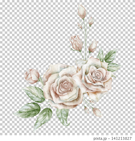 Rose Floral composition. Watercolor illustration with pale pink Flowers, leaves and buds on isolated background. Botanical decorative element for wedding invitations or greeting cards. Rose Floral composition. Watercolor illustration with pale pink Flowers, leaves and buds on isolated background. Botanical decorative element for wedding invitations or greeting cards. 141213827