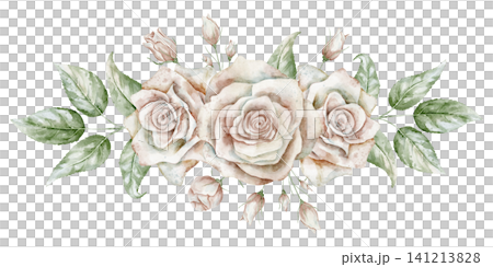 Rose Floral border composition. Watercolor illustration with pale pink Flowers, leaves and buds on isolated background. Botanical decorative element for wedding invitations or greeting cards. Rose Floral border composition. Watercolor illustration with pale pink Flowers, leaves and buds on isolated background. Botanical decorative element for wedding invitations or greeting cards. 141213828