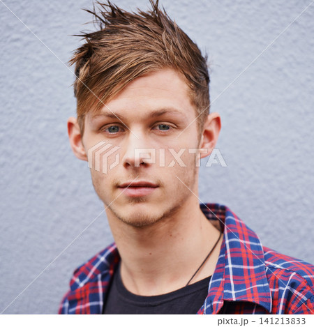 Smile, hairstyle and portrait of happy male person, beauty and trendy hair on studio background. Face, contemporary and spike haircut for handsome man model, punk and confidence with funky style 141213833