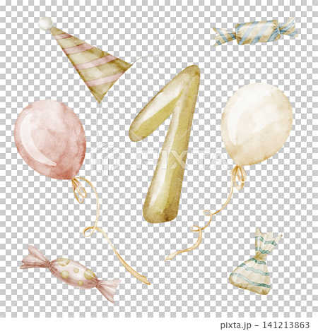 Birthday watercolor illustration. Set of number one, candy and balloons on isolated background for first Birthday design. Art for childish party greeting or invitations design in pastel colors. Birthday watercolor illustration. Set of number one, candy and balloons on isolated background for first Birthday design. Art for childish party greeting or invitations design in pastel colors. 141213863