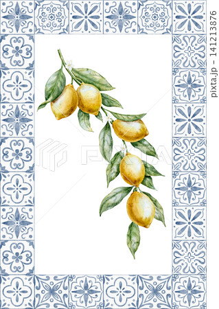 Watercolor Lemon composition inside decorative tile frame. Illustration of Citrus branch and ceramic azulejo for kitchen posters, invitations, packaging, labels. Art for cooking book. Watercolor Lemon composition inside decorative tile frame. Illustration of Citrus branch and ceramic azulejo for kitchen posters, invitations, packaging, labels. Art for cooking book. 141213876