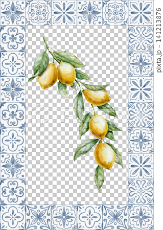 Watercolor Lemon composition inside decorative tile frame. Illustration of Citrus branch and ceramic azulejo for kitchen posters, invitations, packaging, labels. Art for cooking book. Watercolor Lemon composition inside decorative tile frame. Illustration of Citrus branch and ceramic azulejo for kitchen posters, invitations, packaging, labels. Art for cooking book. 141213876