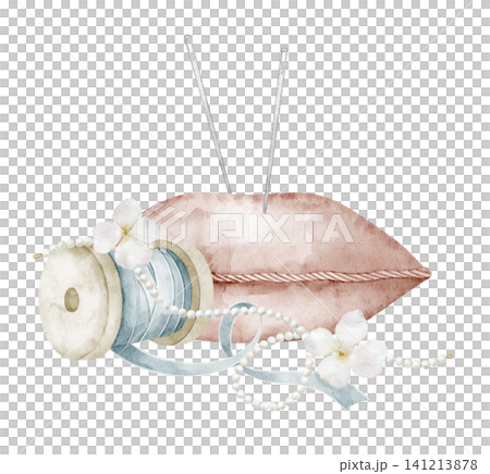 Pincushion watercolor illustration with sewing cushion, needles, ribbon and beads. Art of vintage tailoring composition on isolated background. Drawing of decorative element for craft, textile design. Pincushion watercolor illustration with sewing cushion, needles, ribbon and beads. Art of vintage tailoring composition on isolated background. Drawing of decorative element for craft, textile design. 141213878