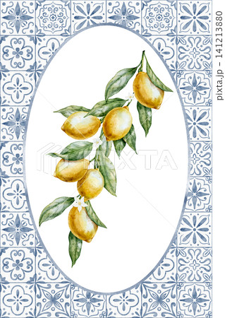 Watercolor poster with Lemon branch framed by ceramic tile ornament arch. Illustration of template kitchen decor and packaging design. Art with Citrus fruit and Mediterranean mosaic for invitations. 141213880