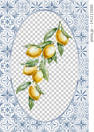 Watercolor poster with Lemon branch framed by ceramic tile ornament arch. Illustration of template kitchen decor and packaging design. Art with Citrus fruit and Mediterranean mosaic for invitations. 141213880