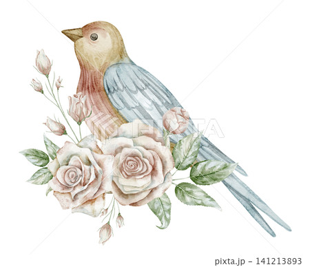 Bird watercolor illustration with Rose flowers and leaves. Vintage floral composition with Songbird on isolated background. Decorative element for wedding invitations or greeting cards. Art for garden 141213893