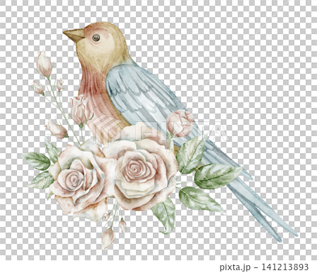 Bird watercolor illustration with Rose flowers and leaves. Vintage floral composition with Songbird on isolated background. Decorative element for wedding invitations or greeting cards. Art for garden 141213893