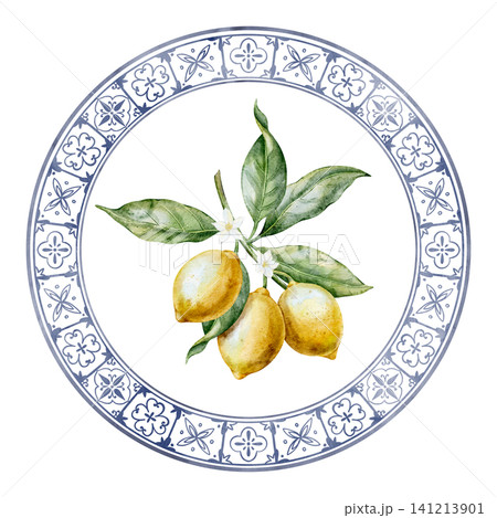 Lemon watercolor illustration of Citrus branch inside blue ceramic circle on isolated background. Mediterranean tile element for packaging, kitchen decor, greeting cards and labels. Art for plate. 141213901