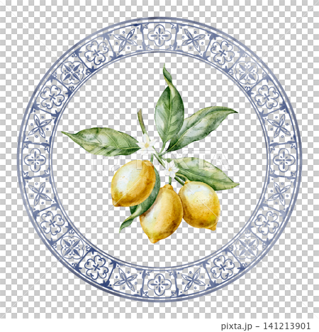 Lemon watercolor illustration of Citrus branch inside blue ceramic circle on isolated background. Mediterranean tile element for packaging, kitchen decor, greeting cards and labels. Art for plate. 141213901