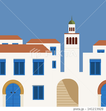 Traditional Tunisian Street Architecture with White Houses and Blue Doors Traditional Tunisian Street Architecture with White Houses and Blue Doors 141213920