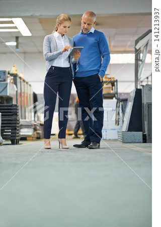 Manager, woman and online tablet in factory for production monitoring, inventory or order management and inspection. Team, digital tech and warehouse for printing material and distribution industry. Manager, woman and online tablet in factory for production monitoring, inventory or order management and inspection. Team, digital tech and warehouse for printing material and distribution industry. 141213937