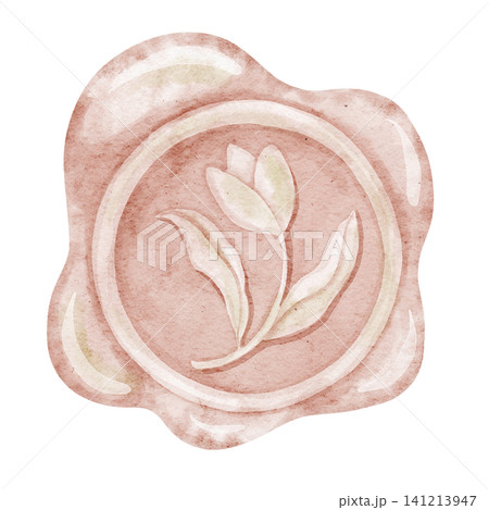 Seal watercolor illustration of pink wax stamp imprint with soft edges and emblem detail, vintage sealing mark. Decorative stationery element on isolated background for letters and invitations. 141213947