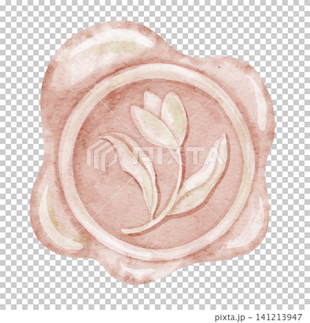 Seal watercolor illustration of pink wax stamp imprint with soft edges and emblem detail, vintage sealing mark. Decorative stationery element on isolated background for letters and invitations. 141213947