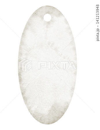 Tag watercolor illustration of oval vintage paper label with hole and aged texture, blank tag shape. Stationery element on isolated background for packaging design, branding, scrapbooking and template 141213948