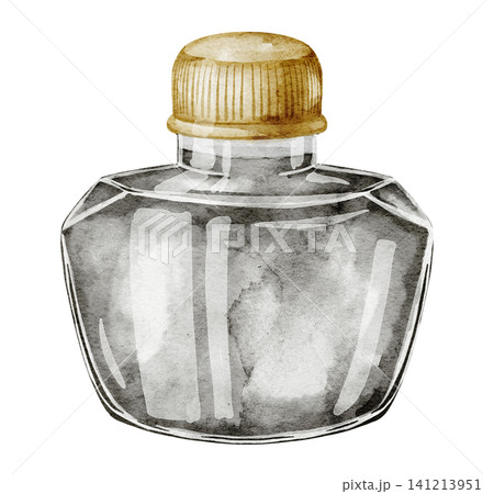 Ink watercolor illustration of glass bottle with liquid inside, vintage stationery object for writing tools. Retro container on isolated background for calligraphy design and branding. Nostalgic art. Ink watercolor illustration of glass bottle with liquid inside, vintage stationery object for writing tools. Retro container on isolated background for calligraphy design and branding. Nostalgic art. 141213951