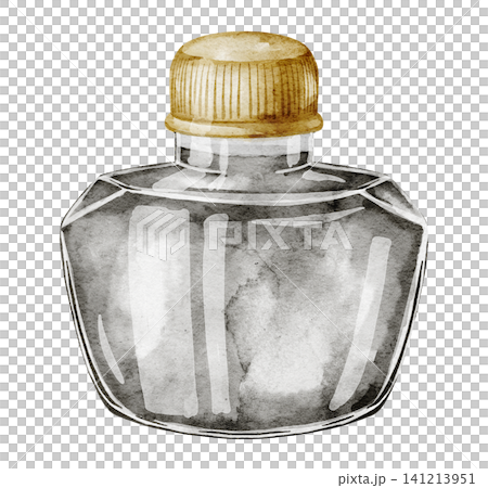 Ink watercolor illustration of glass bottle with liquid inside, vintage stationery object for writing tools. Retro container on isolated background for calligraphy design and branding. Nostalgic art. Ink watercolor illustration of glass bottle with liquid inside, vintage stationery object for writing tools. Retro container on isolated background for calligraphy design and branding. Nostalgic art. 141213951