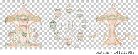 Attractions watercolor illustration with carousel and Ferris wheel in soft pastel tones. Clipart with amusement park elements for childish invitations in carnival style and nursery posters. Attractions watercolor illustration with carousel and Ferris wheel in soft pastel tones. Clipart with amusement park elements for childish invitations in carnival style and nursery posters. 141213988
