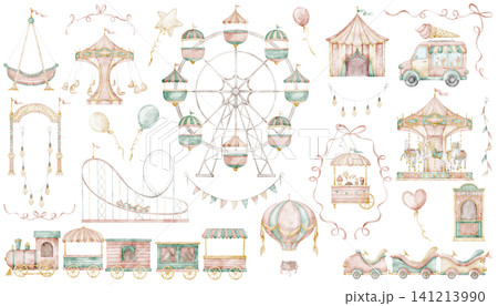 Amusement park watercolor illustrations set with Ferris wheel and Carousel in soft pastel colors. Clipart with air balloon, attractions, garlands for childish design or baby shower invitations. Amusement park watercolor illustrations set with Ferris wheel and Carousel in soft pastel colors. Clipart with air balloon, attractions, garlands for childish design or baby shower invitations. 141213990
