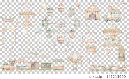 Amusement park watercolor illustrations set with Ferris wheel and Carousel in soft pastel colors. Clipart with air balloon, attractions, garlands for childish design or baby shower invitations. Amusement park watercolor illustrations set with Ferris wheel and Carousel in soft pastel colors. Clipart with air balloon, attractions, garlands for childish design or baby shower invitations. 141213990