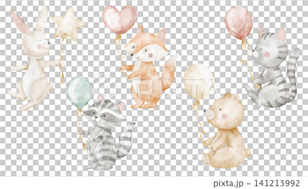 Animal with balloons watercolor illustrations set in soft pastel tones. Hand painted characters isolated on background. Bear and fox for childish birthday and nursery posters. Bunny for baby design. Animal with balloons watercolor illustrations set in soft pastel tones. Hand painted characters isolated on background. Bear and fox for childish birthday and nursery posters. Bunny for baby design. 141213992