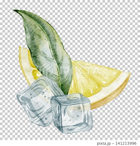 Lemon with citrus green leaves and frozen ice cubes watercolor illustration. Drawing of yellow Fruit for food label and product design. Art of cross section for juice package or kitchen elements. Lemon with citrus green leaves and frozen ice cubes watercolor illustration. Drawing of yellow Fruit for food label and product design. Art of cross section for juice package or kitchen elements. 141213996