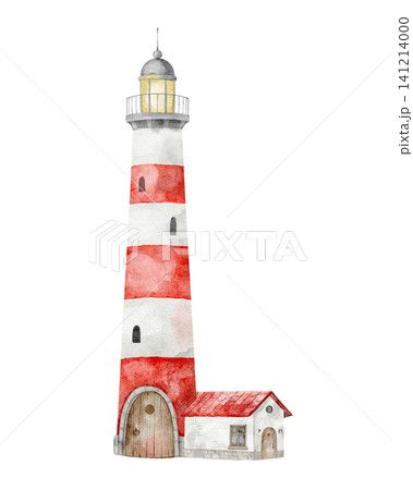 Lighthouse watercolor illustration with small house in coastal style. Hand painted composition with Beacon isolated on background for childish design in marine style. Art for posters. 141214000