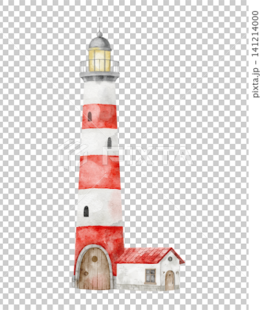 Lighthouse watercolor illustration with small house in coastal style. Hand painted composition with Beacon isolated on background for childish design in marine style. Art for posters. 141214000