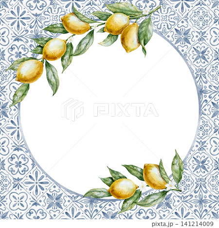 Watercolor Lemon frame with tile background. Illustration of template with citrus fruits, azulejo mosaic and copy space for branding, invitations, packaging and kitchen design. Art of card with branch 141214009