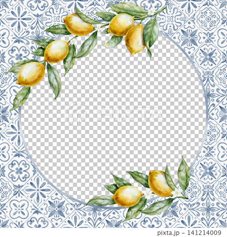 Watercolor Lemon frame with tile background. Illustration of template with citrus fruits, azulejo mosaic and copy space for branding, invitations, packaging and kitchen design. Art of card with branch 141214009
