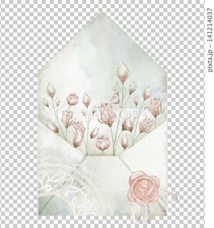 Envelope watercolor illustration with rose flowers and wax seal. Vintage letter composition on isolated background. Art of decorative element for wedding invitation, greeting cards or stationery. Envelope watercolor illustration with rose flowers and wax seal. Vintage letter composition on isolated background. Art of decorative element for wedding invitation, greeting cards or stationery. 141214037