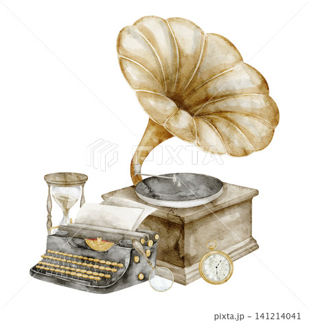 Gramophone watercolor illustration with vintage phonograph, typewriter, hourglass and clock. Art of retro composition on isolated background with antique objects for design, decor, history theme. Gramophone watercolor illustration with vintage phonograph, typewriter, hourglass and clock. Art of retro composition on isolated background with antique objects for design, decor, history theme. 141214041