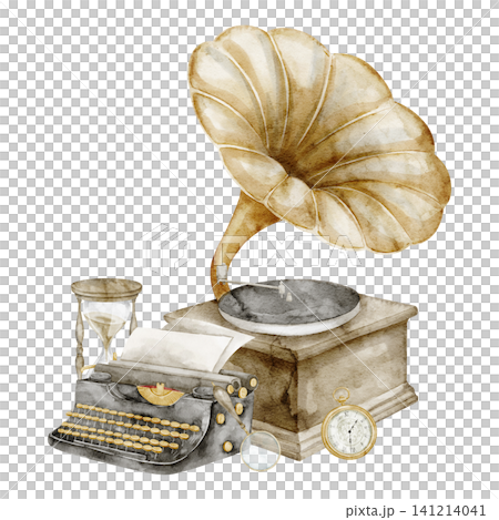 Gramophone watercolor illustration with vintage phonograph, typewriter, hourglass and clock. Art of retro composition on isolated background with antique objects for design, decor, history theme. Gramophone watercolor illustration with vintage phonograph, typewriter, hourglass and clock. Art of retro composition on isolated background with antique objects for design, decor, history theme. 141214041