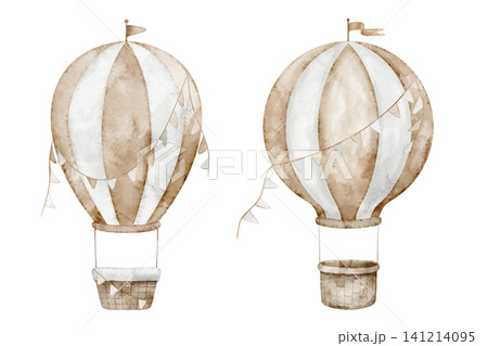 Air Balloon watercolor illustrations. Clipart of airships with garlands and flags in pastel beige colors for Baby shower greeting cards or childish invitations. Art for nursery posters or kids design Air Balloon watercolor illustrations. Clipart of airships with garlands and flags in pastel beige colors for Baby shower greeting cards or childish invitations. Art for nursery posters or kids design 141214095