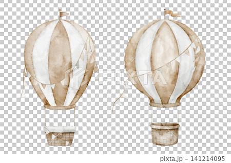 Air Balloon watercolor illustrations. Clipart of airships with garlands and flags in pastel beige colors for Baby shower greeting cards or childish invitations. Art for nursery posters or kids design Air Balloon watercolor illustrations. Clipart of airships with garlands and flags in pastel beige colors for Baby shower greeting cards or childish invitations. Art for nursery posters or kids design 141214095