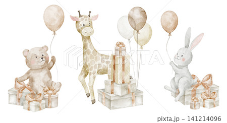 Birthday animals Watercolor clipart set with balloons and gifts in soft pastel colors. Illustrations with Teddy Bear, Giraffe and Rabbit for baby shower invitations, birthday cards, nursery posters Birthday animals Watercolor clipart set with balloons and gifts in soft pastel colors. Illustrations with Teddy Bear, Giraffe and Rabbit for baby shower invitations, birthday cards, nursery posters 141214096