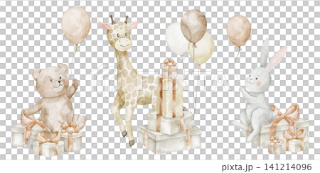Birthday animals Watercolor clipart set with balloons and gifts in soft pastel colors. Illustrations with Teddy Bear, Giraffe and Rabbit for baby shower invitations, birthday cards, nursery posters Birthday animals Watercolor clipart set with balloons and gifts in soft pastel colors. Illustrations with Teddy Bear, Giraffe and Rabbit for baby shower invitations, birthday cards, nursery posters 141214096