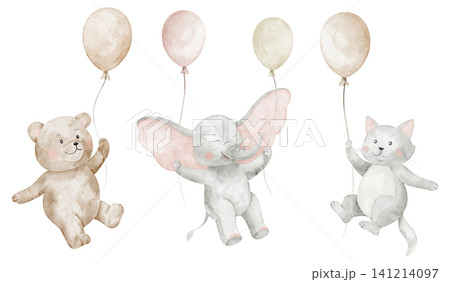 Watercolor illustration of bear, elephant and cat holding balloons. Cute nursery clipart with flying Animals in pastel colors for baby shower invitations, birthday greeting cards and nursery posters 141214097