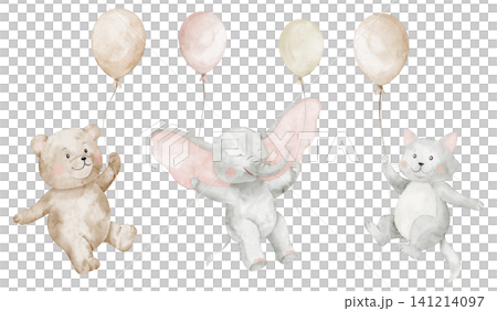 Watercolor illustration of bear, elephant and cat holding balloons. Cute nursery clipart with flying Animals in pastel colors for baby shower invitations, birthday greeting cards and nursery posters 141214097