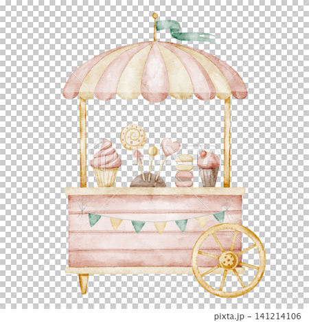 Candy cart watercolor illustration in pastel pink and beige colors. Art of sweet stand for carnival scenes, amusement park designs, childish party invitations and nursery. Clipart for baby design Candy cart watercolor illustration in pastel pink and beige colors. Art of sweet stand for carnival scenes, amusement park designs, childish party invitations and nursery. Clipart for baby design 141214106