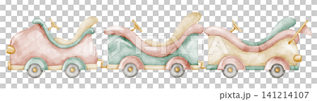 Car train watercolor illustration with wagons in soft pastel vintage style. Art of retro transport for amusement park scenes, carnival graphics, children design. Clipart for kids invitations Car train watercolor illustration with wagons in soft pastel vintage style. Art of retro transport for amusement park scenes, carnival graphics, children design. Clipart for kids invitations 141214107