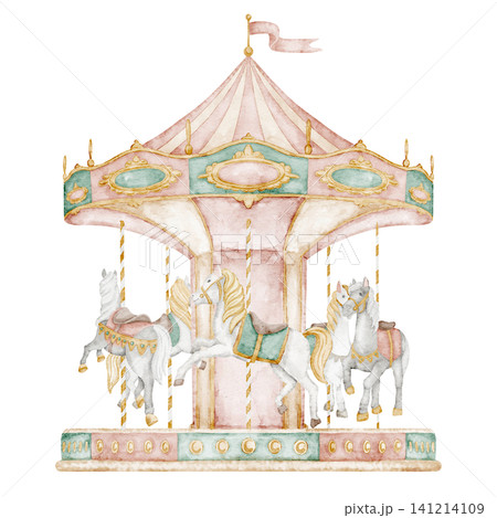 Carousel watercolor illustration with horses in classic pastel vintage style. Art merry go round for amusement park scenes, carnival designs or baby shower invitations. Clipart for retro fair Carousel watercolor illustration with horses in classic pastel vintage style. Art merry go round for amusement park scenes, carnival designs or baby shower invitations. Clipart for retro fair 141214109