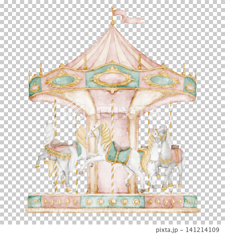 Carousel watercolor illustration with horses in classic pastel vintage style. Art merry go round for amusement park scenes, carnival designs or baby shower invitations. Clipart for retro fair Carousel watercolor illustration with horses in classic pastel vintage style. Art merry go round for amusement park scenes, carnival designs or baby shower invitations. Clipart for retro fair 141214109